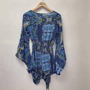 AELSON Blue Tie Front Boho Romper Size S Cut Out Flare Sleeves Paisley
